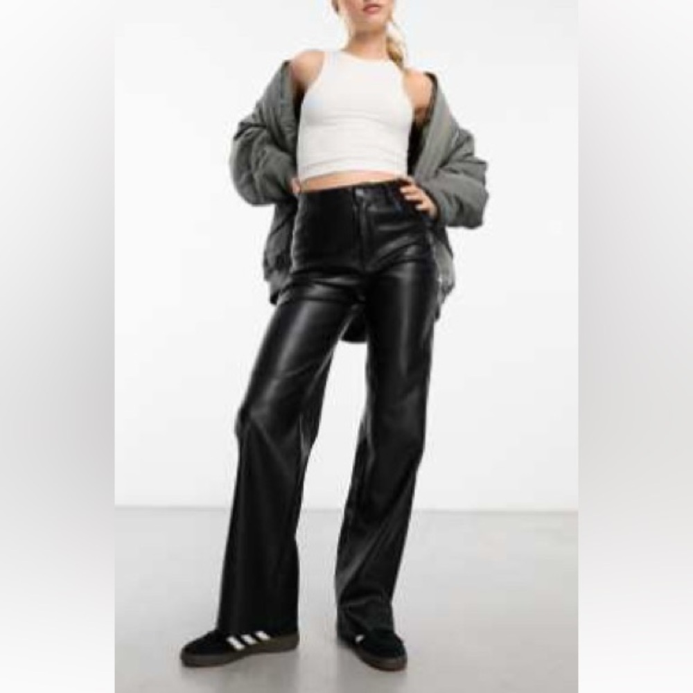 Bershka straight leg faux leather pants in black Women’s Large